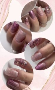 Pose de faux ongles carrés avec dégradé Babyglitter et incrustation de paillettes roses holographiques, par une élève de la Sylvia Da Cruz Academy.