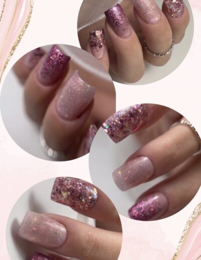 Pose de faux ongles carrés avec dégradé Babyglitter et incrustation de paillettes roses holographiques, par une élève de la Sylvia Da Cruz Academy.