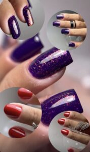 Extension d'ongles en gel violet pailleté et pose de vernis semi-permanent rouge classique, réalisés par les élèves de la Sylvia Da Cruz Academy.