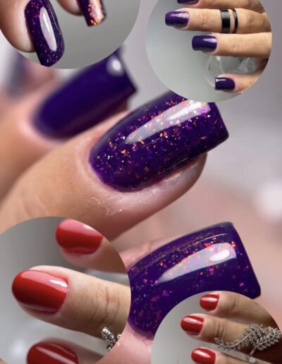 Extension d'ongles en gel violet pailleté et pose de vernis semi-permanent rouge classique, réalisés par les élèves de la Sylvia Da Cruz Academy.