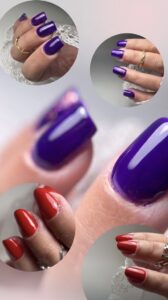 Pose de vernis violet brillant sur ongles, réalisée par une élève en formation de prothésie ongulaire à la Sylvia Da Cruz Academy.
