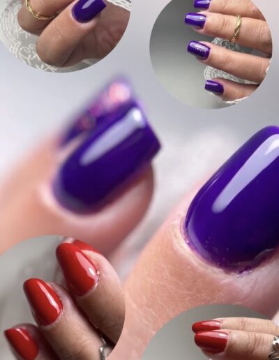 Pose de vernis violet brillant sur ongles, réalisée par une élève en formation de prothésie ongulaire à la Sylvia Da Cruz Academy.
