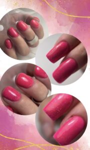 Travail de renfort et d'extension d'ongles en gel avec couleur rose fuchsia pailletée, réalisé par les élèves de la Sylvia Da Cruz Academy.