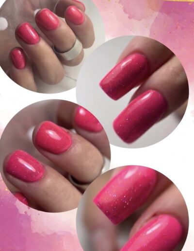 Travail de renfort et d'extension d'ongles en gel avec couleur rose fuchsia pailletée, réalisé par les élèves de la Sylvia Da Cruz Academy.
