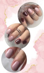 Renfort sur ongles naturels avec dégradé de tons nudes et bordeaux, réalisé par une élève de la Sylvia Da Cruz Academy.