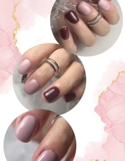 Renfort sur ongles naturels avec dégradé de tons nudes et bordeaux, réalisé par une élève de la Sylvia Da Cruz Academy.